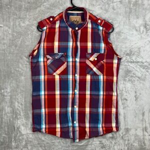 Red Camel Mens Shirt Sleeveless Plaid Button Up‎ Shirt Size Medium